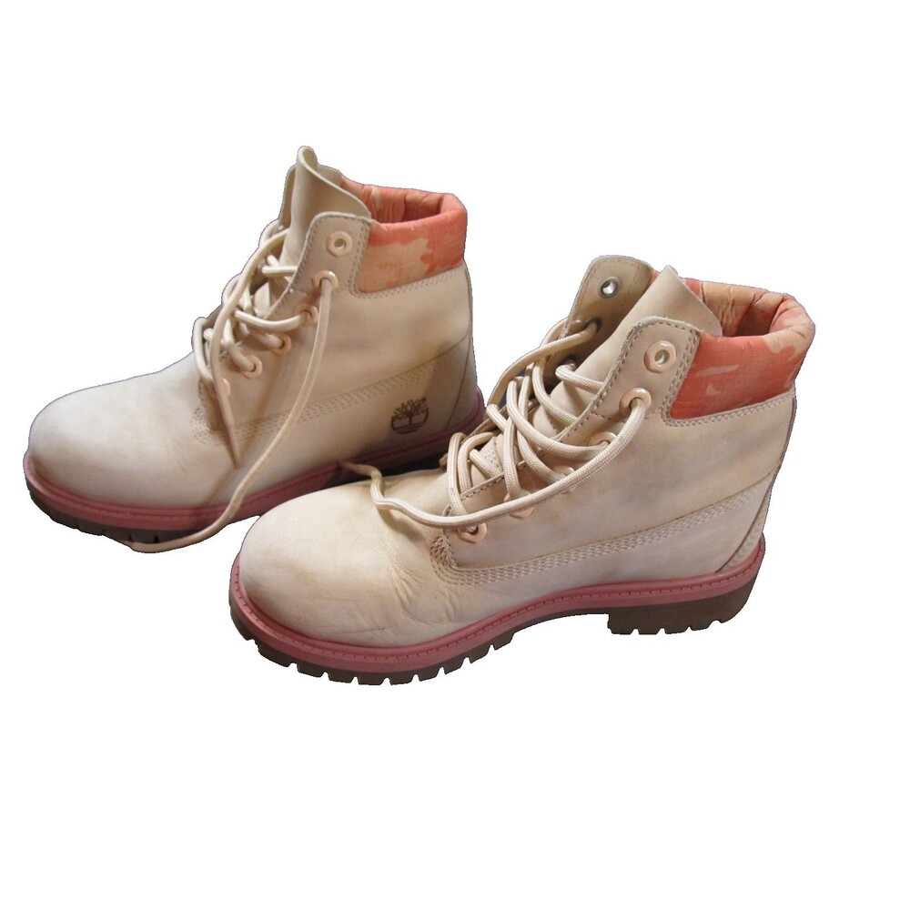 Timberland Kids Boots Size 4 Tan Leather Pink Orange Padded Collar - Picture 4 of 12